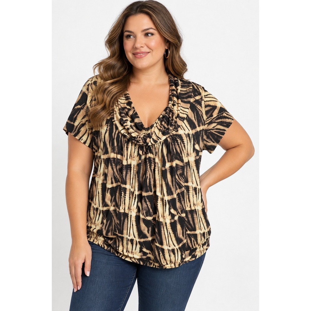 Worthington Woman 2X Animal Print Cowl Neck Short Sleeve Top Black Tan Y2K
